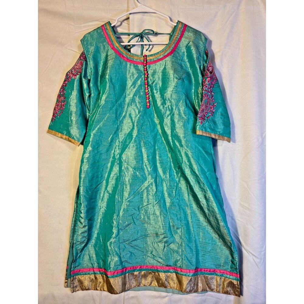 Teal Indian Tunic Top Blouse Beautiful Embroidery Women’s XL Floral Satin Hippie
